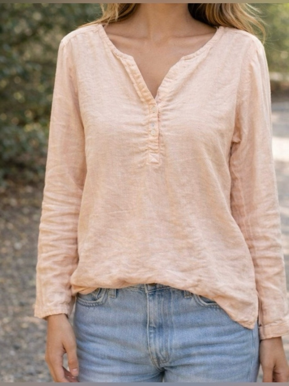 LL Bean Women's Sz L Linen Tunic Top Blouse Coral Peach Lightweight  Pullover